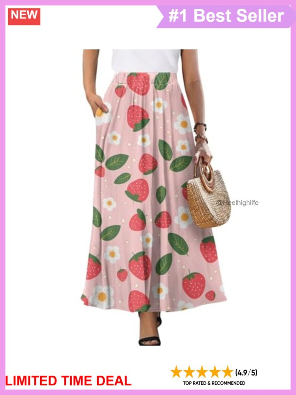 Pleated High Waist A-Line Maxi Skirt with Pockets Flowy Casual